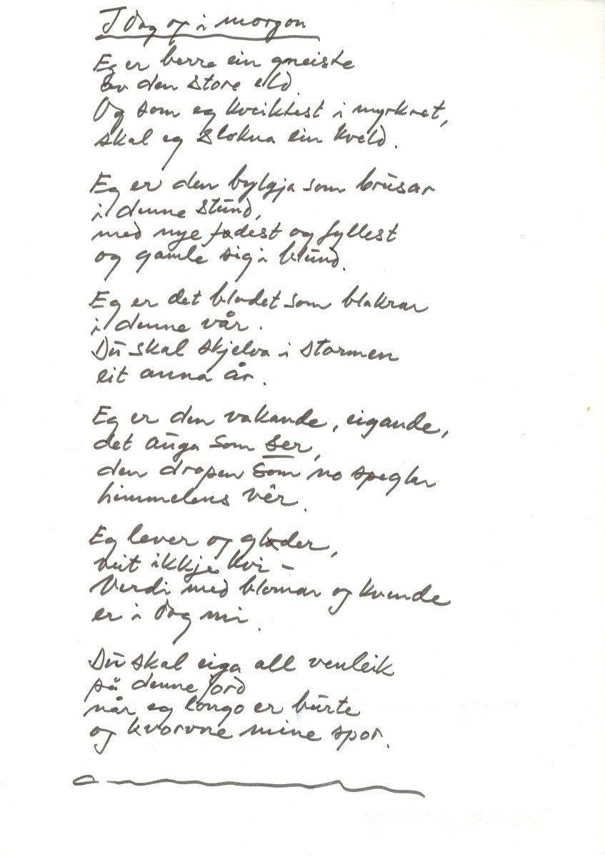 Fyrste handskrivne del av diktsamlinga Glør i oska av Olav H. Hauge.