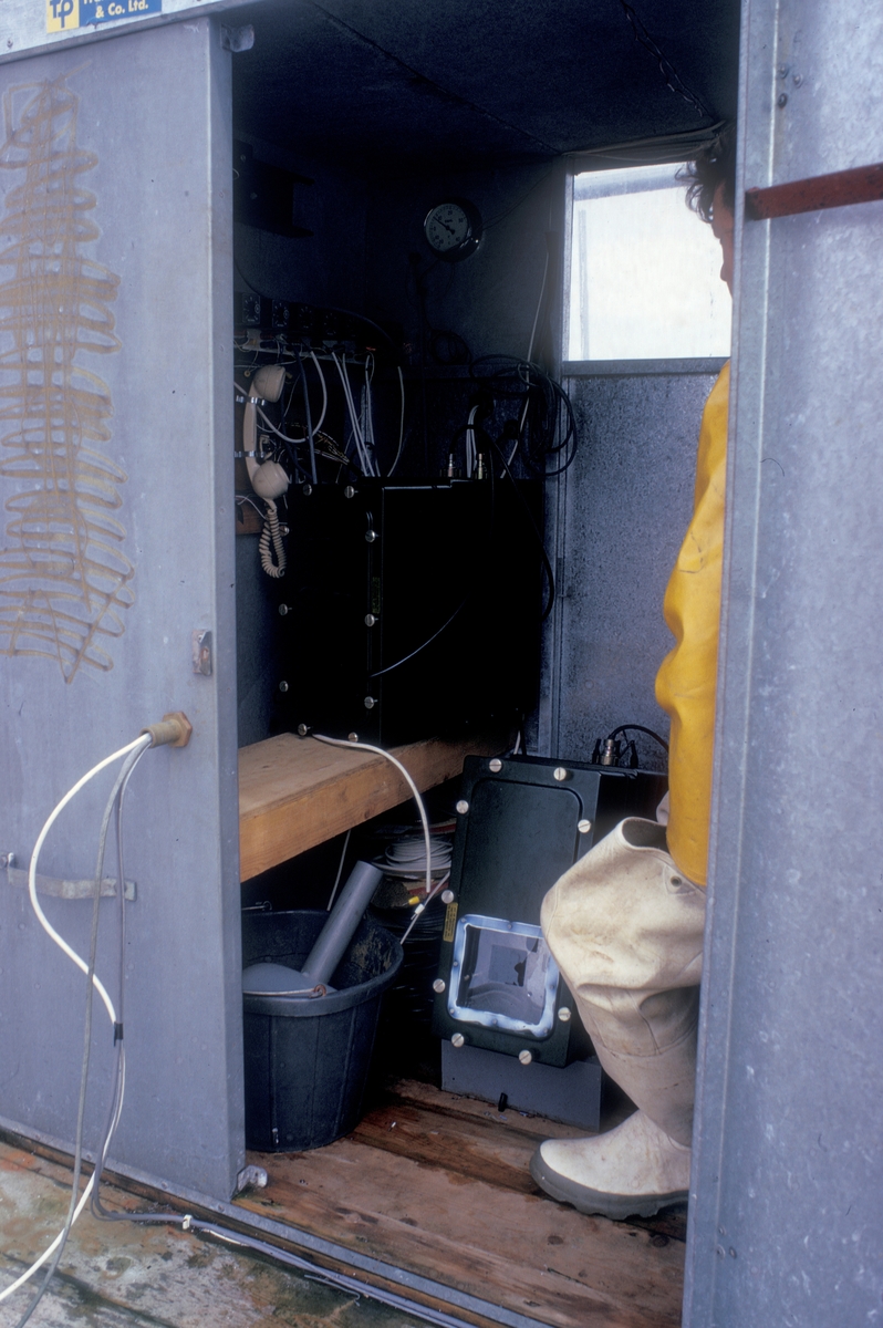 En liten bod med telefon og noe elektronikk. En mann i oljehyre står rett innenfor døra.
