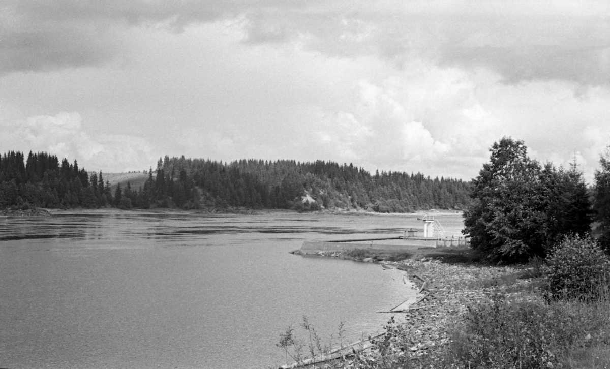 Landskapsbilde fra Glomma ved Sørumsand i Sørum kommune i Akershus. Fotografiet ble tatt i 1954, på et sted der det var bygd et svømmebasseng, med ytterkanter av betong, og med eget stupetårn. Ved elvebredden, mellom fotografen og bassenget, lå det noen få tømmerstokker.