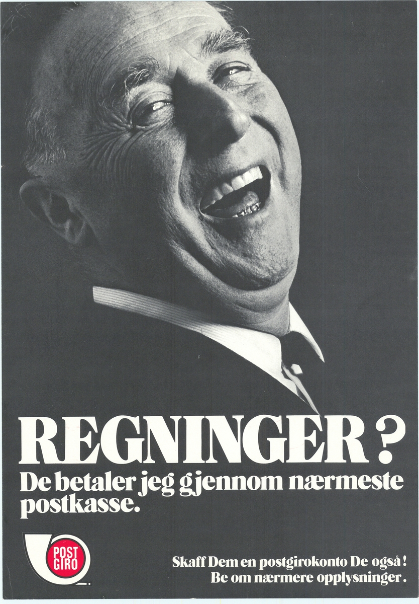 Tosidig plakat med motiv av en mann, Postgiros logomerke og tekst. Tekst på bokmål på ene siden, og nynorsk på andre siden.