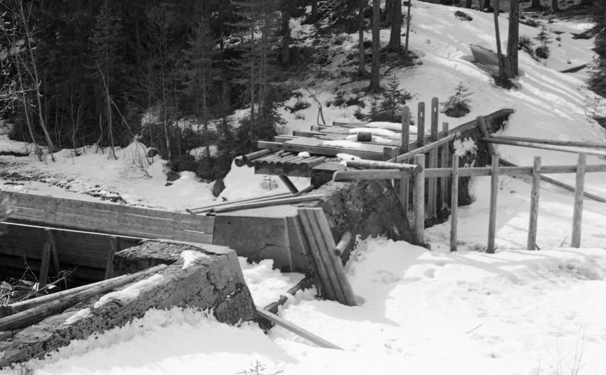 Vinterbilde fra Rennedammen i Fallåa i Malungsvassdraget i Stange i Hedmark. Bildet ble tatt vinteren 1957. Opp av snøen stikker det en betongforblendet dam med to avløp: Et lukeløp til høyre og et inntak til å tømmerrenne som skulle transportere tømmeret uskadd forbi en svært kupert del av elveløpet til venstre i forgrunnen. Her var det bare dammen som var av betong - sjølve renna var lagd av bord og hadde et trapesformet tverrsnitt. Hovedåpningen i dammen kunne stenges eller åpnes ved hjelp av fire hev- og senkbare luker som, da dette fotografiet ble tatt, var trukket opp og lagt på dambrua, antakelig for å spare damkonstruksjonen for store påkjenninger i vintersesongen.

Behovet for ei tømmerrenne i Fallåa skyldtes at dette lille fløtingsvassdraget passerte et bratt fall cirka en kilometer før det nådde utløpet i Malungstjernet.  Her hadde tømmeret lett for å splintres eller å sette seg fast.  Derfor bygde trelastfirmaet Westye Egeberg & Co. ei tømmerrenne på dette stedet i 1890-åra.  Denne første renna var ment som ei våtrenne, som den på fotografiet, men den fungerte ikke helt etter intensjonene.  Ettersom inntakspunktet for renna var plassert litt nede i den bratte skrenten, skal tømmeret ha blitt kastet inn i renna i så stor hastighet at tømmerstokkene så å si seilte fra vannet, som kom støtvis etter.  Dette innebar mye slitasje på rennelegemet, og stadige reparasjonsbehov.  Derfor bestemte man i 1914 at renna skulle forlenges og forhøyes, slik at tømmerinntaket kunne flyttes til en damkonstruksjon – seinere kalt Rennedammen – noe høyere oppe, ovenfor det bratte partiet.  Dermed oppnådde fløterne jevnere vannføring og noe langsommere framdrift for fløtingsvirket.  Der renna krysset den daværende kjerrevegen mellom Vallset og Odalen ble det bygd bru over renna.  Renna fra 1914 var i bruk fram til 1934.  Romedal allmenning, som i mellomtida hadde overtatt Westye Egeberg & Cos eierskap til skogen i dette området, bygde da ei helt ny renne der den forrige hadde stått.  Samtidig ble Renndammen forhøyet og pusset med sement.  Renna fra 1934 var i bruk i 35 år, altså fram til våren 1969, da dette fotografiet ble tatt.