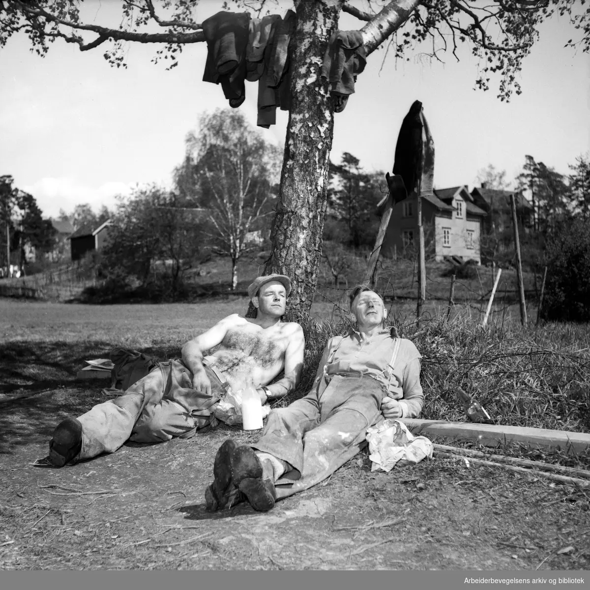 To veiarbeidere tar en pause i vårsola. Ingen øvrige oppl. Antatt 1950 - 1955.