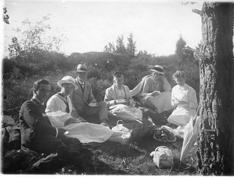 En mindre grupp kvinnor och män med fikakorg sitter och ligger på en gräsmatta vid ett träd. En större och en mindre flätad korg samt ett fat med bullar ligger framför dem. De har kaffekoppar i händerna. Ett parasoll lutar mot trädet.