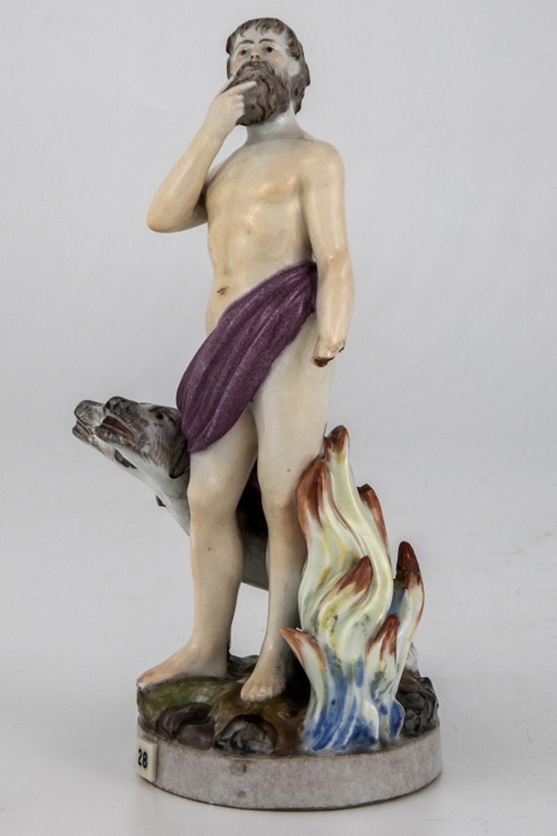 Figurin som forestiller Plutus i underverdenens flammer med Cerberus (Kerberos) ved sin side.