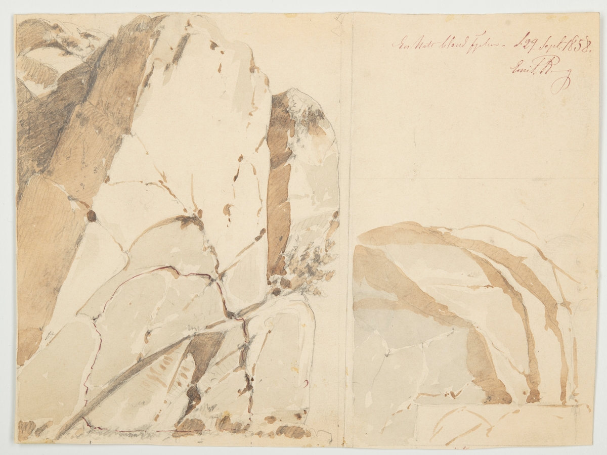 Följande står antecknat i huvudliggare: "Akvarell med påskrift 'En natt bland fjällen d. 29 sept. 1858 Emil R_g' Emil Rogberg. På dödsbädden utkastad skiss. Kala berg. Avdelat till tvenne skisser".