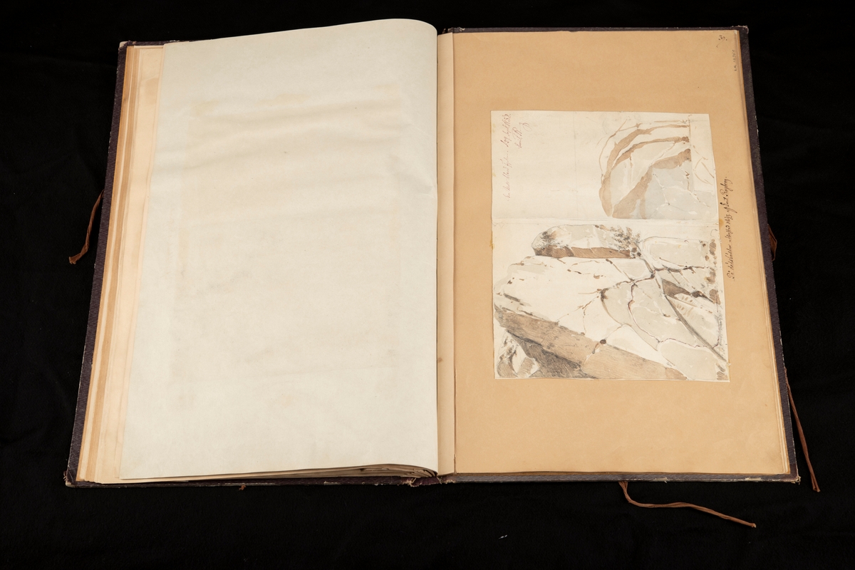 Följande står antecknat i huvudliggare: "Akvarell med påskrift 'En natt bland fjällen d. 29 sept. 1858 Emil R_g' Emil Rogberg. På dödsbädden utkastad skiss. Kala berg. Avdelat till tvenne skisser".