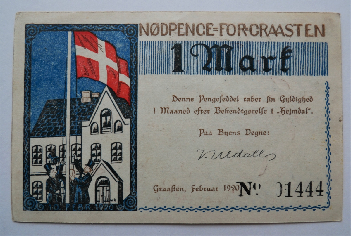 5 Slesvigske pengesedler (9869 - 73).

9870 - Nödpenge for Graasten 1920. 1 mark. No 01444.

Gave fra statsdyrlæge Sigurd Tillier, Bergen.