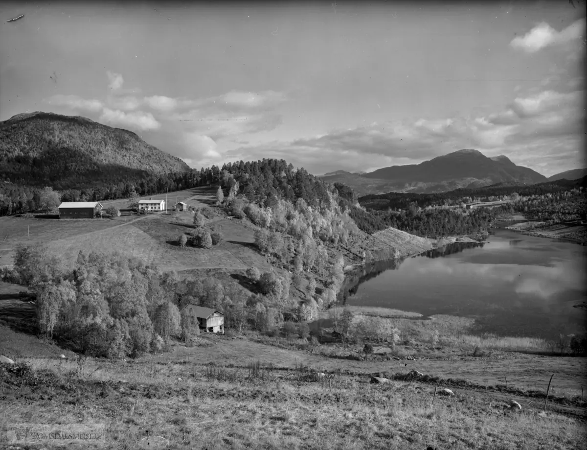 (hbs9o4gnl), Aasengård..Åsen, Straumsnes. T.h. Langvatnet og i bakgrunnen ser vi fjell i Halsa. Huset i framgrunnen er ei sag..Datering 1960-1970.