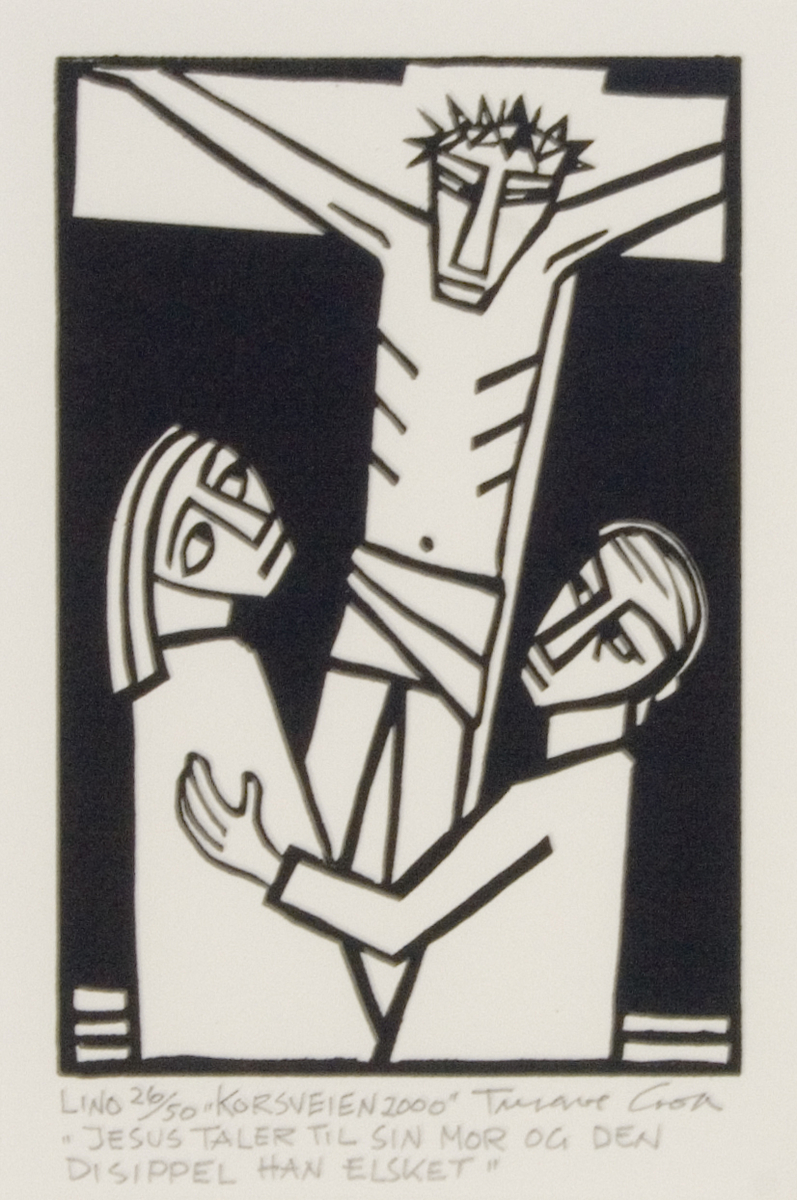 stilliserte figurer i svart/hvitt. To skikkelser står foran Jesus på korset. En på hvær side. Den ene holder på den andre
