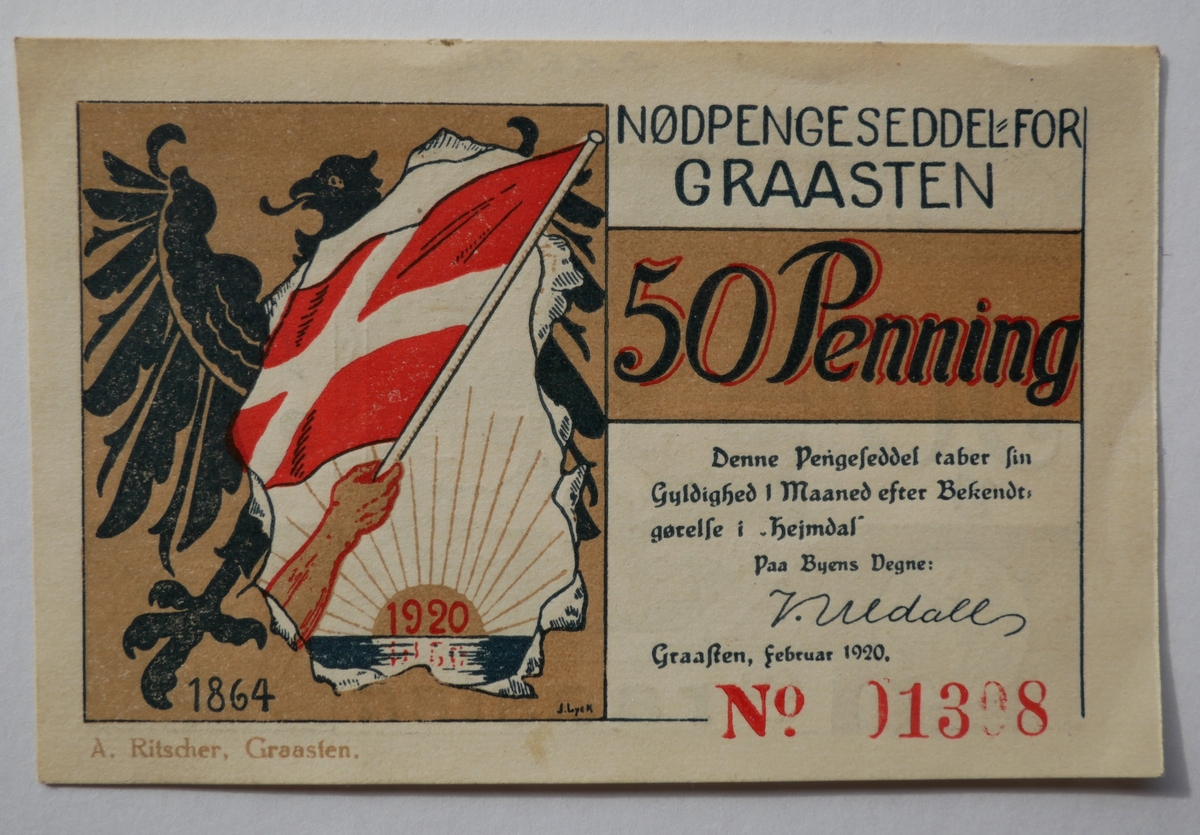 5 Slesvigske pengesedler (9869 - 73).

9871 - Nödpengeseddel for Graasten. 1920. 50 Penning no 01308.

Gave fra statsdyrlæge Sigurd Tillier, Bergen.