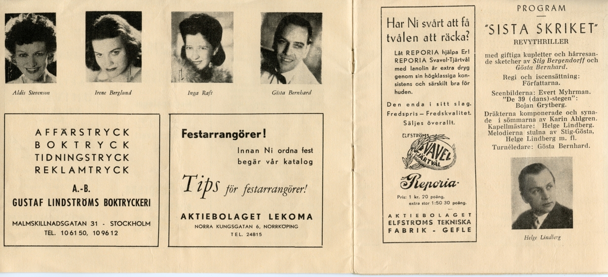 Program för Folkets Parkers Centralorganisation och Casinoteaterns revythriller "Sista skriket" från 1944. Innehåller information om föreställningen och reklam.