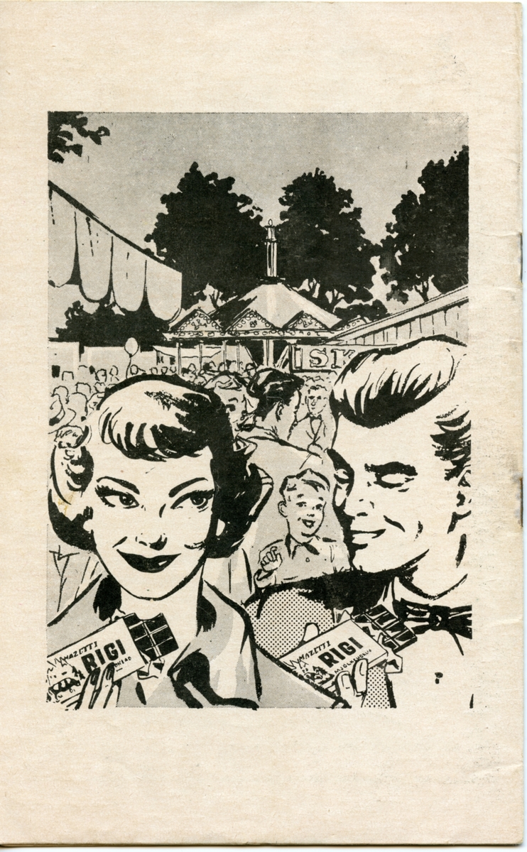 Program för Folkets Parks och Varieté Internationals artistföreställning från 1955. Innehåller information om föreställningen och reklam.