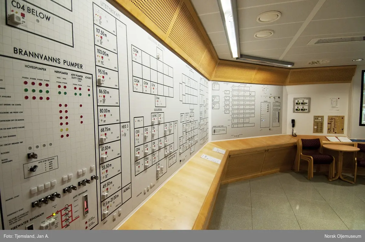 Kontrollrommet på Statfjord A.  Tavler med oversikt over plattformen, 
brannvarsling og andre alarmsystemer er samlet her.