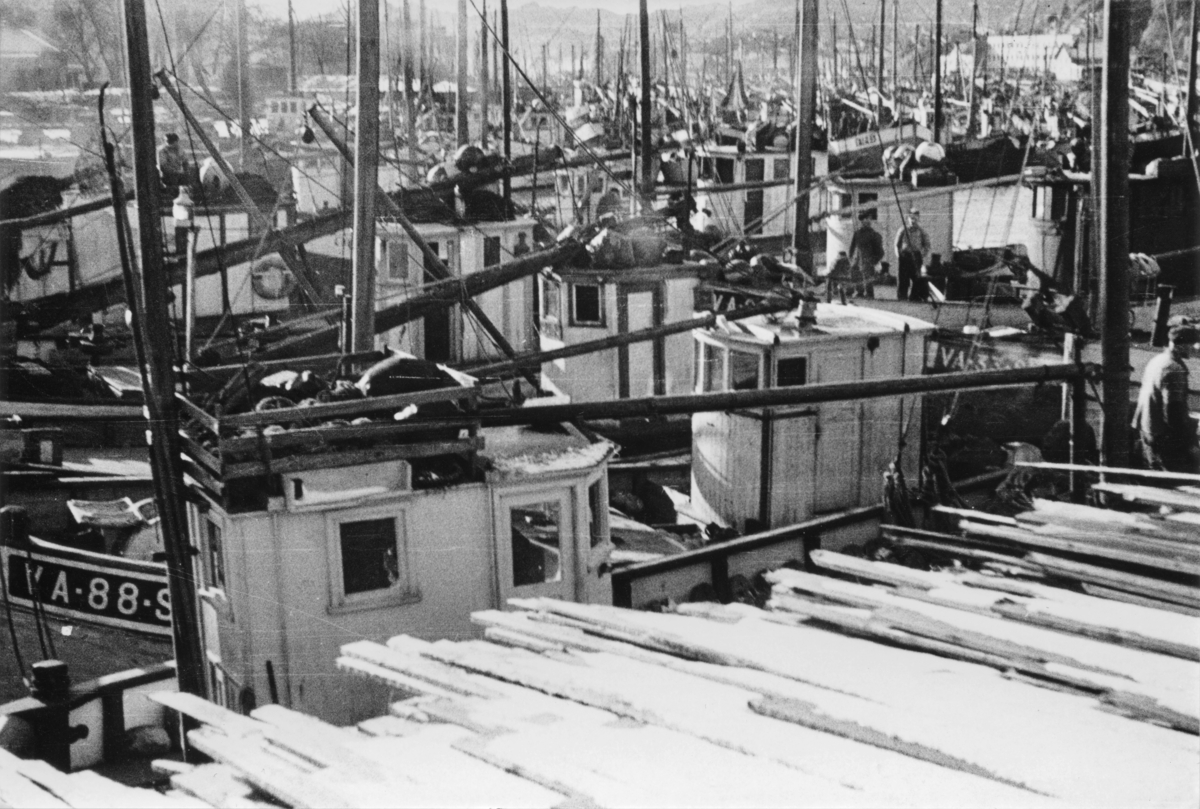 Fiskeskøyter ved Fayancen, februar 1944. Bildet er tatt fra meterialstabelen ved Fayancen.