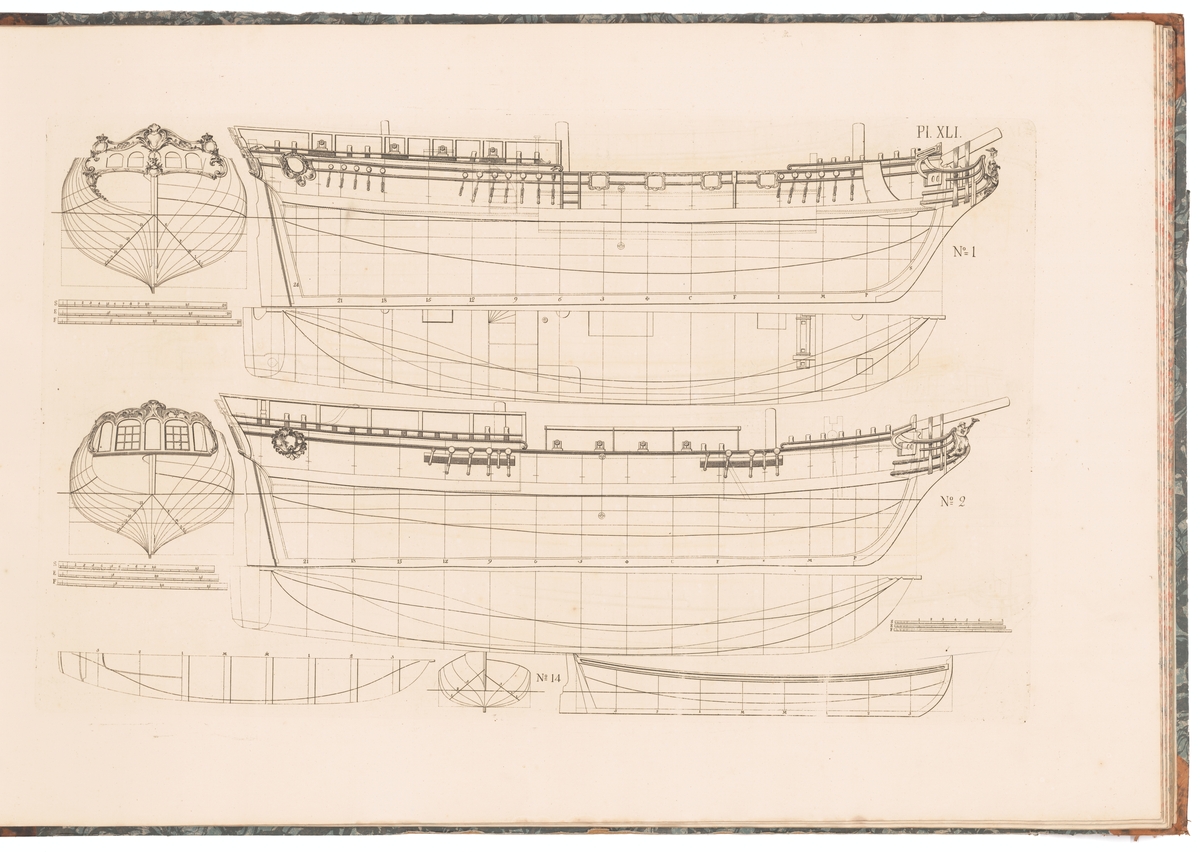 Paketbåtar/postjakter: fregatt (ritning nr 1) och skonert (nr 2). Fransk skeppslup (nr 14). Profil-, spant- och linjeritningar.