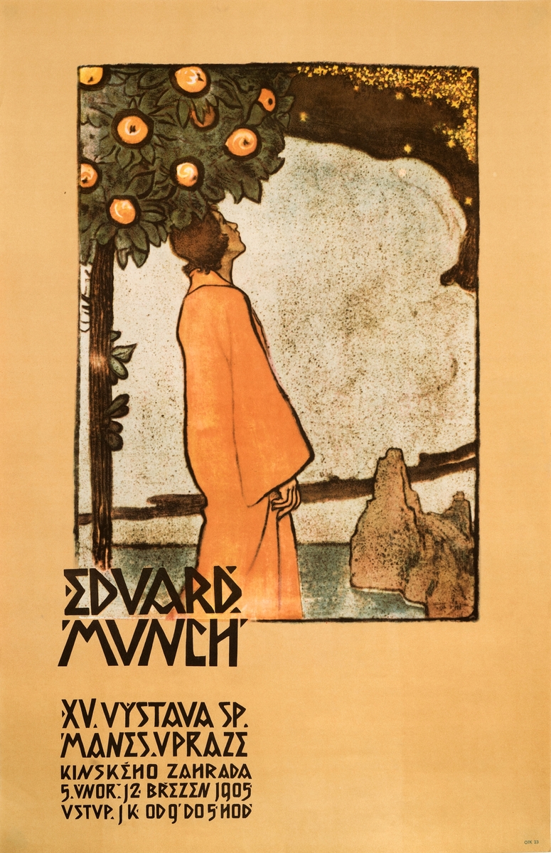Utstillingsplakat for Edvard Munchs utstilling i Kunstforeningen Mánas, Praha i 1905. Plakaten er i rektangulær høydeformat og har lys brun bunn med en reproduksjon av et fargelitografi av en kvinne i oransje drakt under et epletre. Tekst i svart delvis på og under bildet.