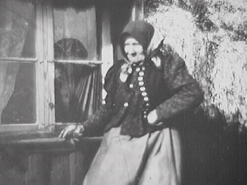 Äldre kvinna framför fönstret till en ryggåsstuga i hörnet till det vidbyggda loftet. Notera den ovanliga taktäckningen med ålgräs som vitnar när det torkat. Tjocka lager krävs för att hålla tätt. Severin Nilson köpte "Bolsestugan" 1908 till målarateljé.