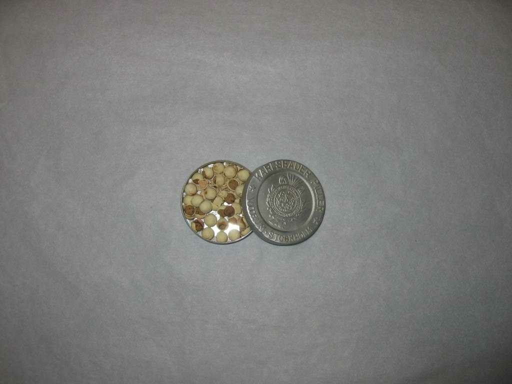 Rund metalleske med små, runde, erterlignende piller inni.