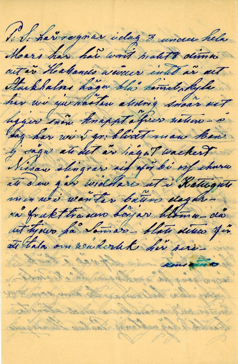 Brev skrivet 1905-03-31 till Ester Hammarstedt. Brevet består av fyra skrivna sidor på ett vikt pappersark. På grund av fläck går det inte att identifiera vem brevet är skrivet av. Handskrivet i blått bläck
