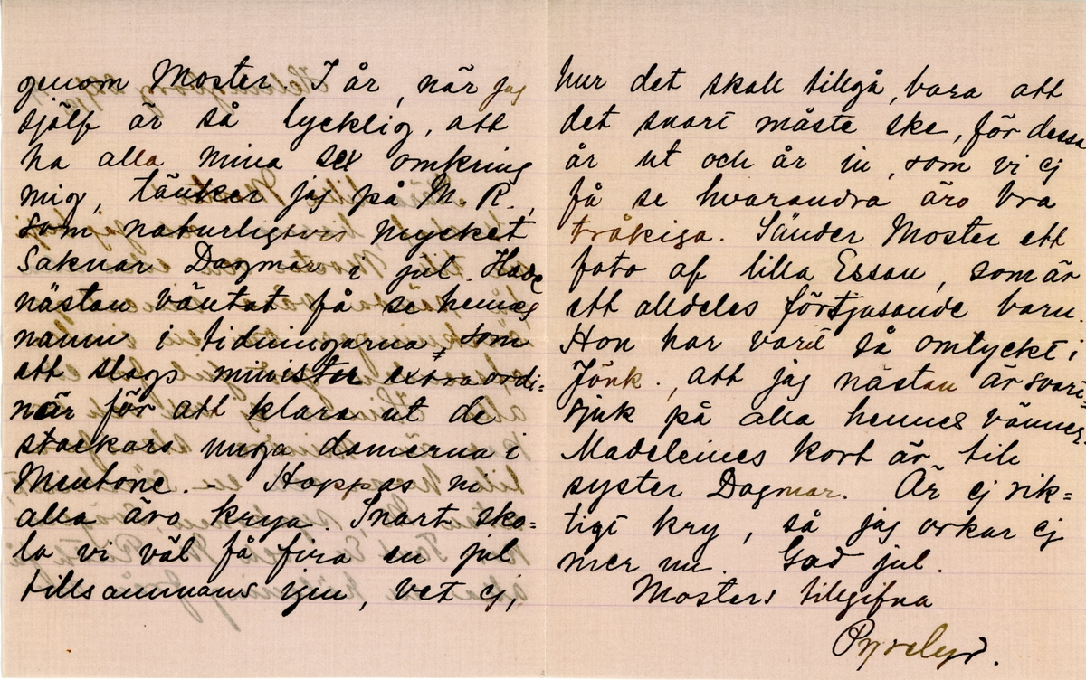 Brev skrivet 1919-12-22 av Pyrelyr (Nini) Ramsey till hennes moster Ester Hammarstedt. Brevet består av tre sidor text på ett vikt pappersark. Hittades utan kuvert i en lädermapp som tillhörde Ester Hammarstedt. Handskrivet i svart bläck.
