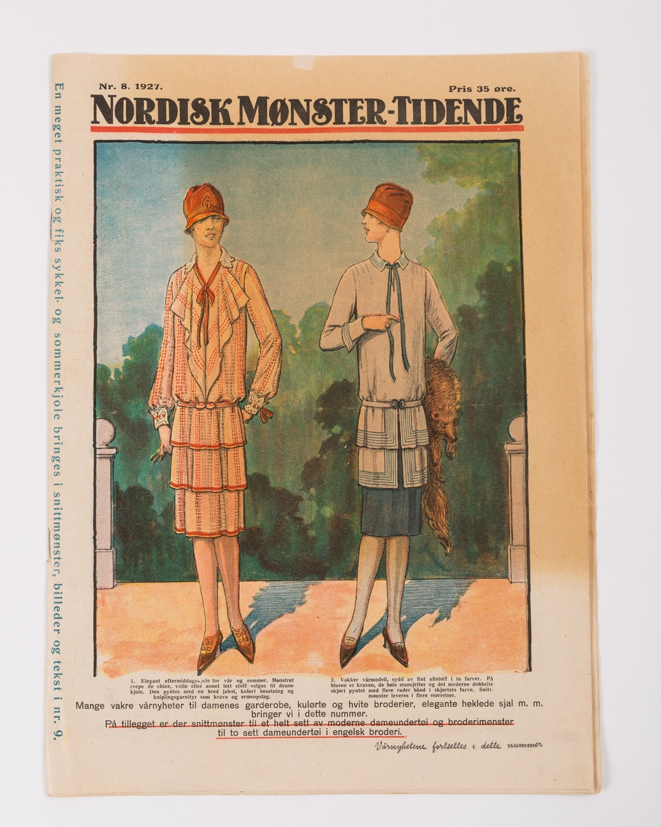 Nordisk Mønster-Tidende nr. 8 1927 med temaet vårens nyheter., tidskrift med kvinnemote og håndarbeid med løse mønsterark