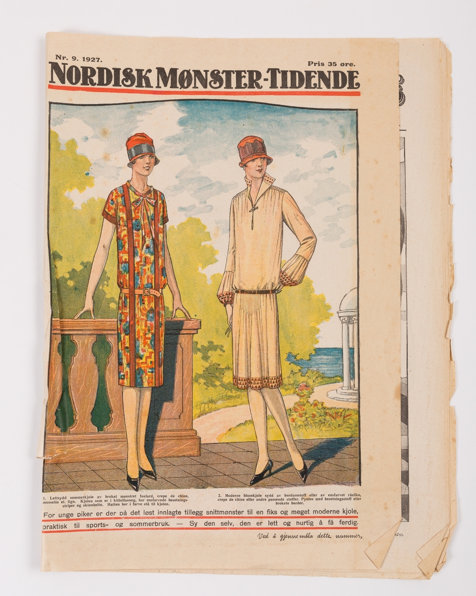 Nordisk Mønster-Tidende nr. 9 1927 med temaet vårens og sommerens moter. Tidsskrift med kvinnemote og håndarbeid med løse mønsterark