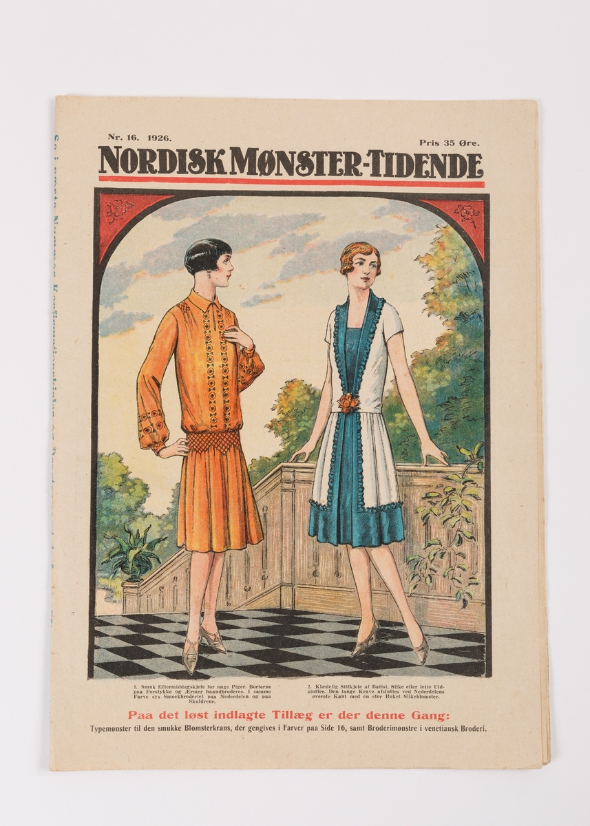 Nordisk Mønster-Tidende nr. 16 1926. Tidsskrift med kvinnemote og håndarbeid med løse mønsterark