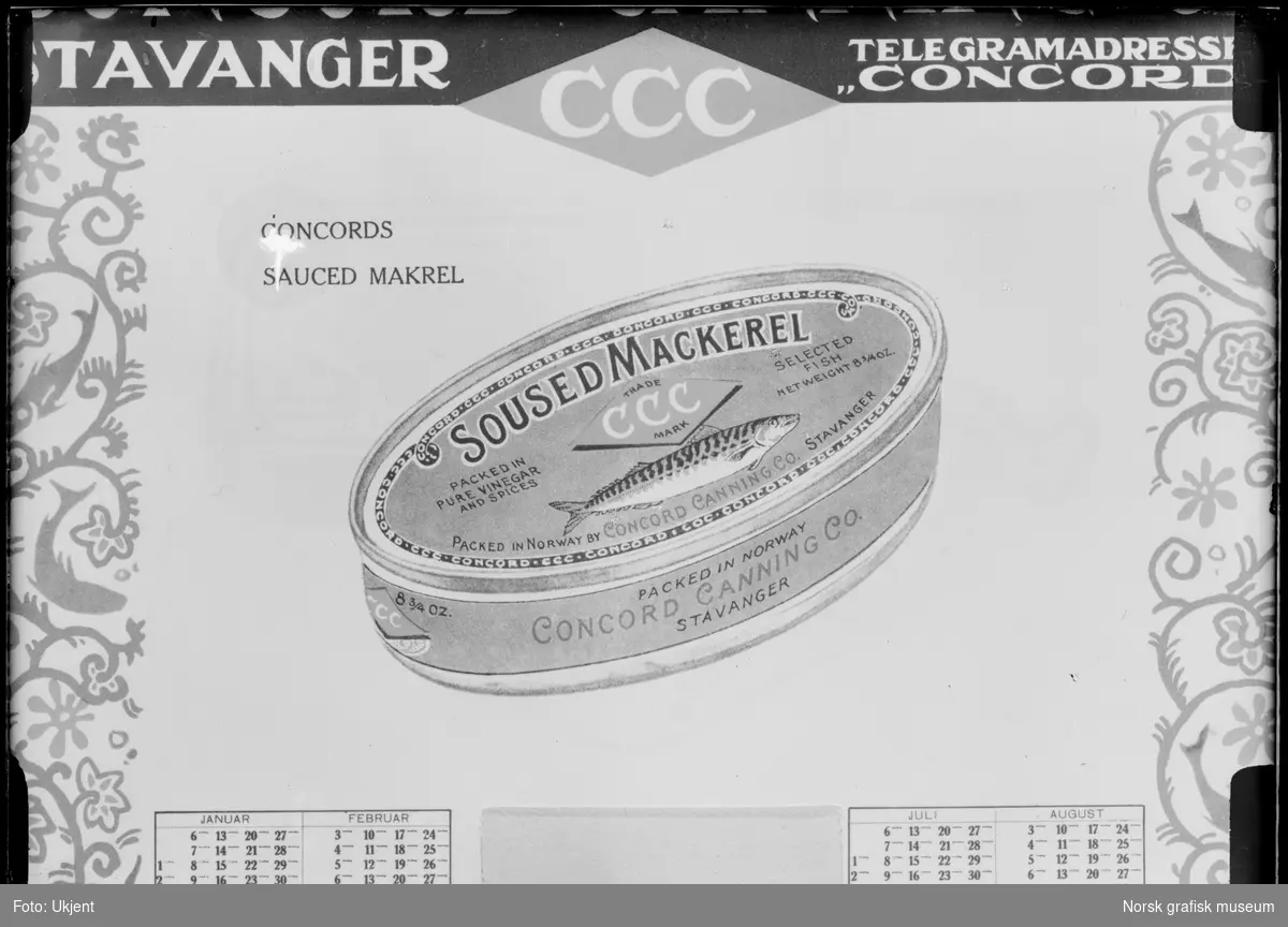 Reklame for hermetisk makrell fra hermetikkfabrikken Concord Canning Co. Det er bilde av en hermetikkboks med tittelen "SOUSED MACKEREL".