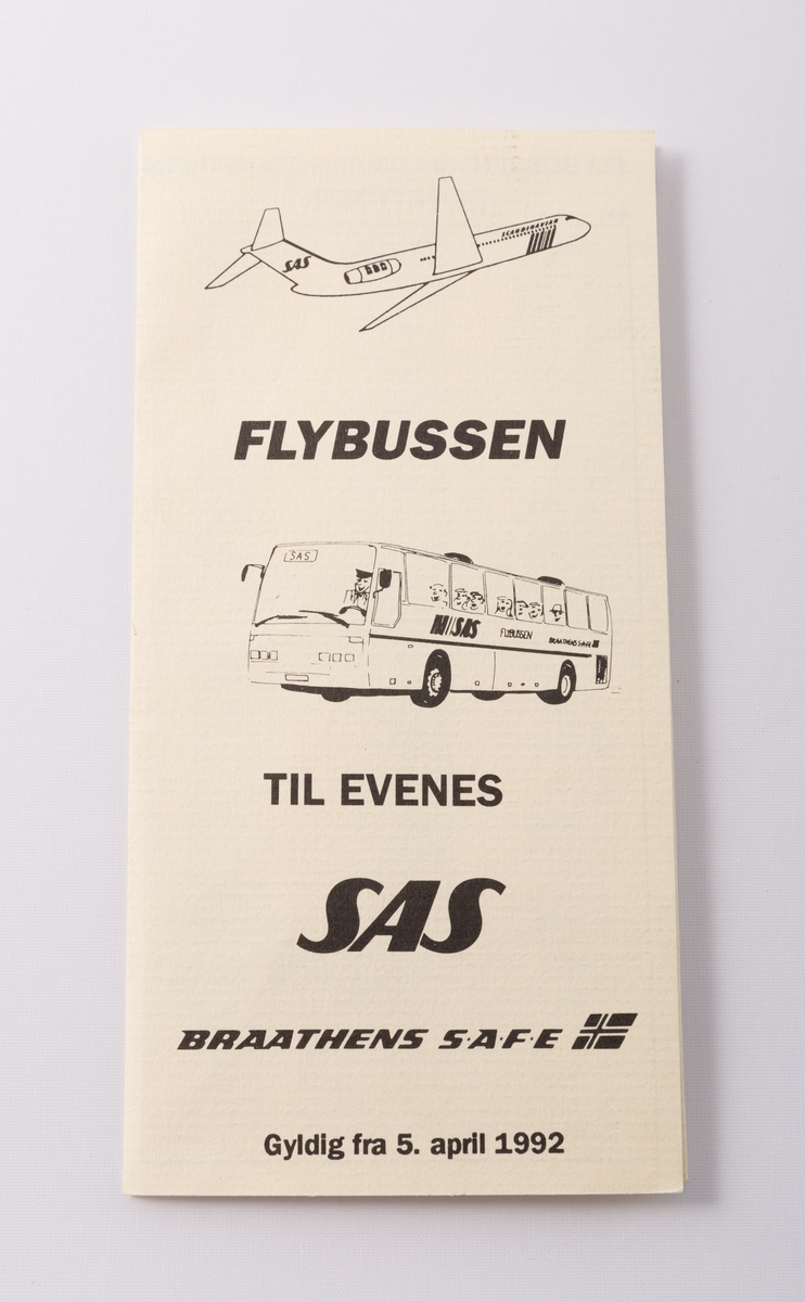 Rutetabell for flybussen mellom Harstad og Evenes, Narvik og Evenes og Sortland og Evenes for 1992
