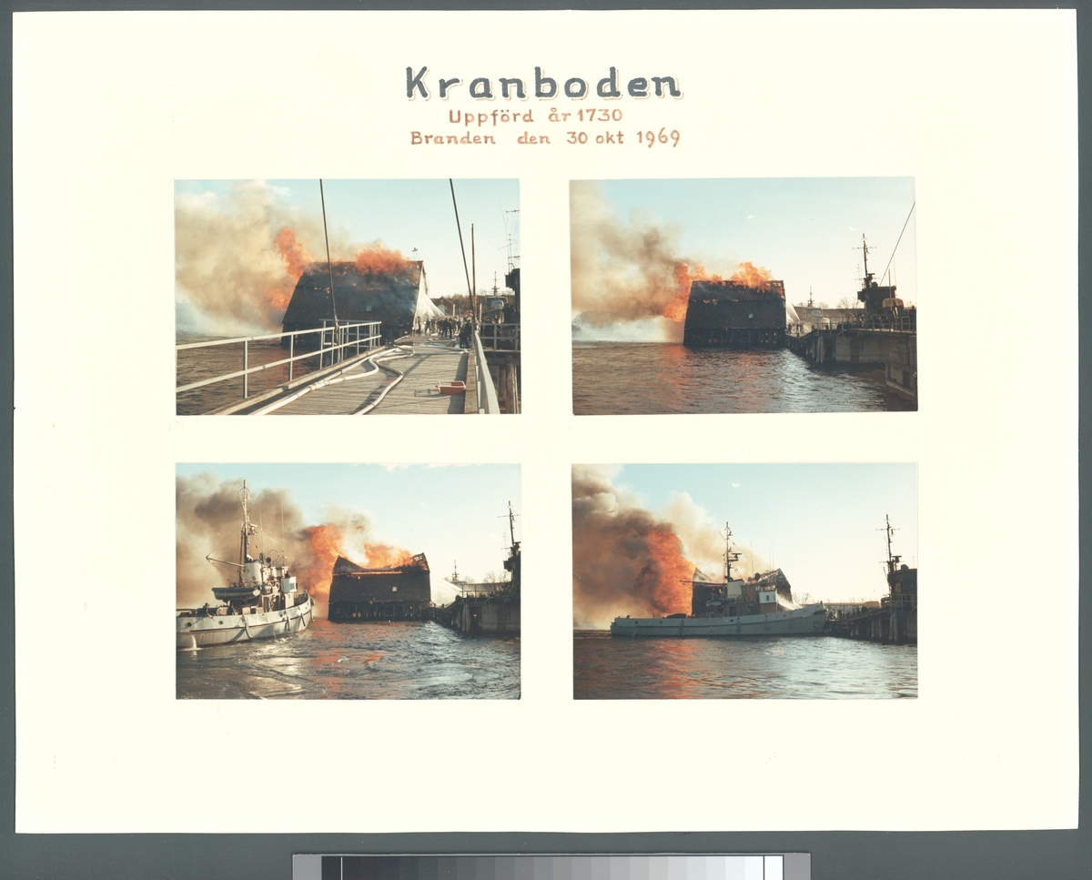 Kollage av fyra bilder som visar branden av Kranboden i Karlskrona 1969.