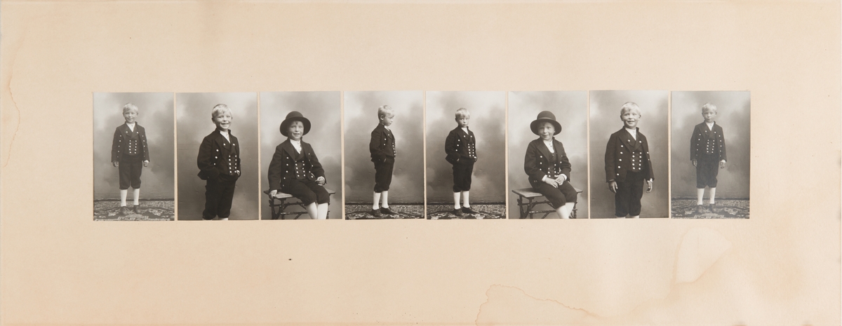 Billedserie med 8 fotografier av Sigrid Undsets sønn Hans Benedict Undset Svarstad som barn, kledd i bunad.