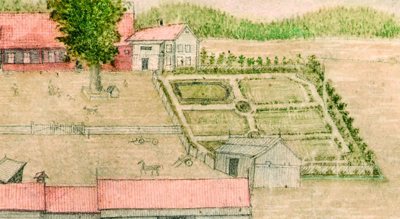 Hageanlegget på Huseby gård 1780. Utsnitt av kart over Huseby gård. Riksarkivet.