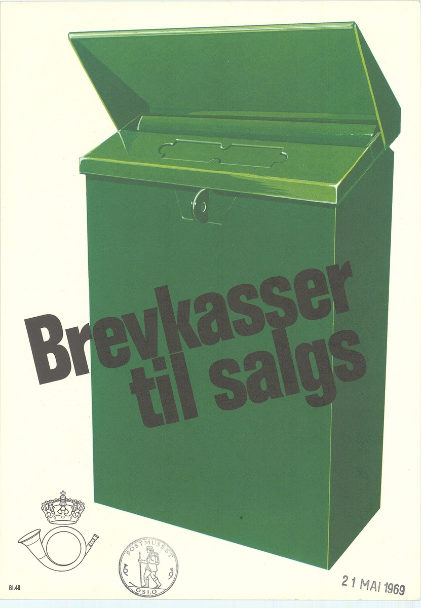Plakat med hvit bunnfarge, og motiv av postkasse. Plakaten er tosidig med tekst på bokmål og nynorsk.