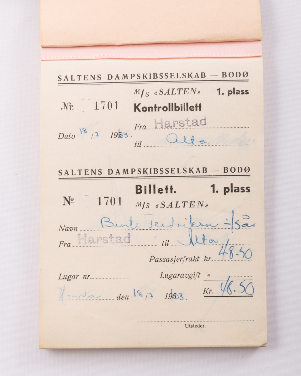 Billettbok til M/S "Salten" for billetter til 1. klasse  med Saltens Dampskibsselskab, Bodø