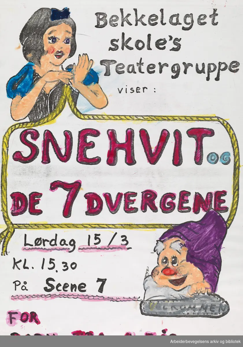 Club 7. Scene 7. Bekkelaget skole's teatergruppe viser: Snehvit og de 7 dvergene. For barn fra 4 - 5 år. Udatert.
