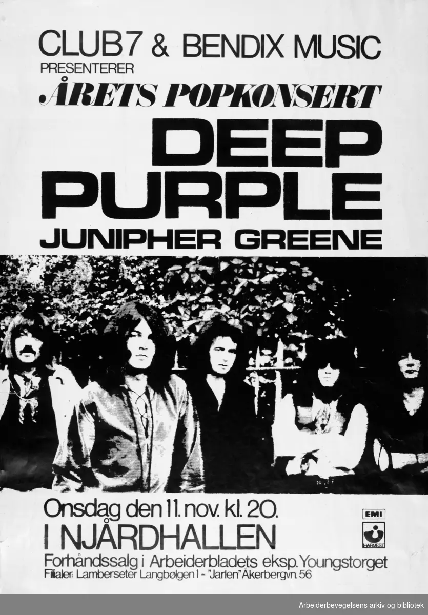 Club 7 & Bendix music presenterer årets popkonsert: Deep purple. Junipher Greene. Njårdhallen. Onsdag 11. November 1970. Grafisk design: Torstein Nybø.