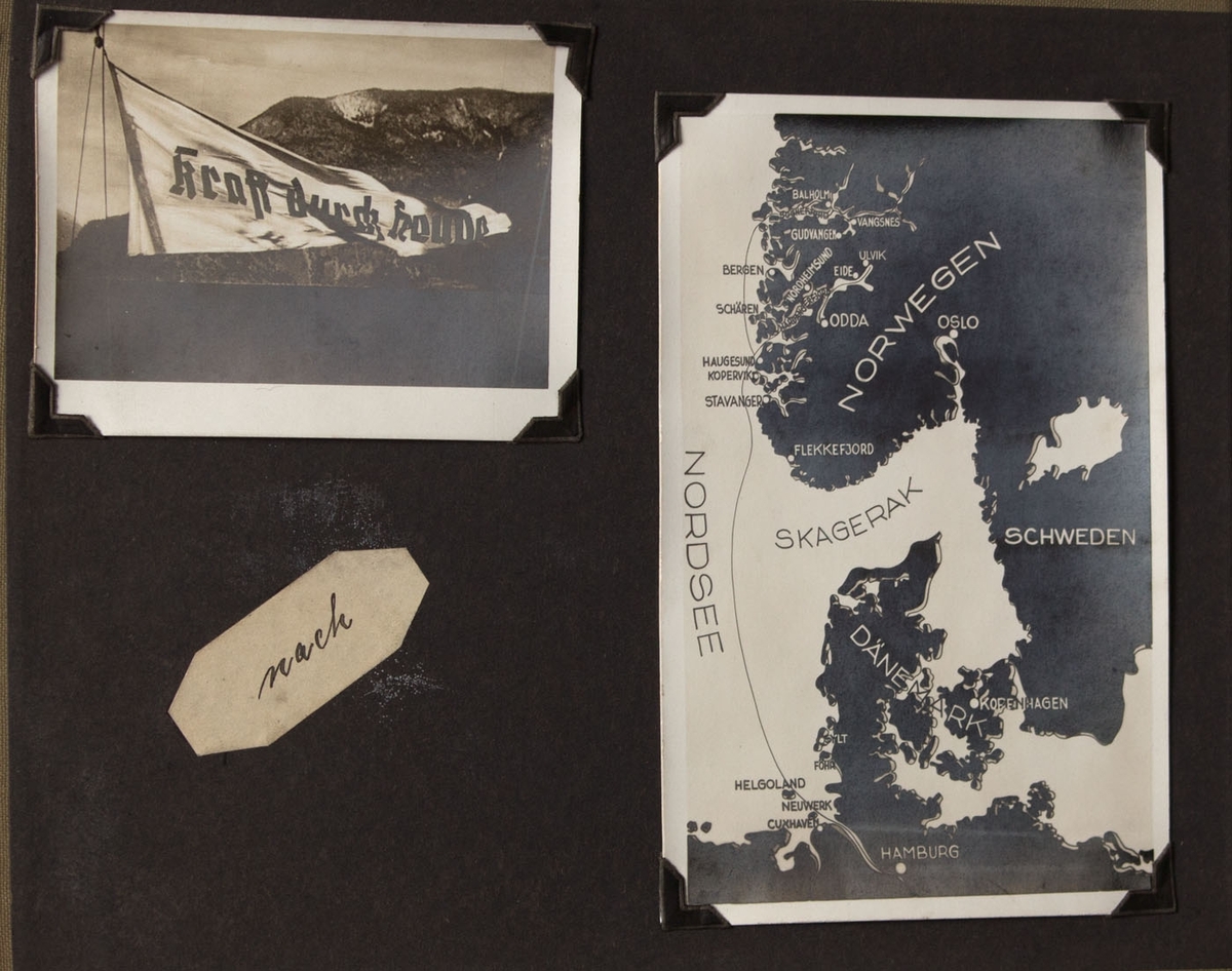 Albumside med to foto, ett som viser kart med ruten seilasen gikk. Et annet foto med "Kraft durch Freude" banner som blafrer i vinden.