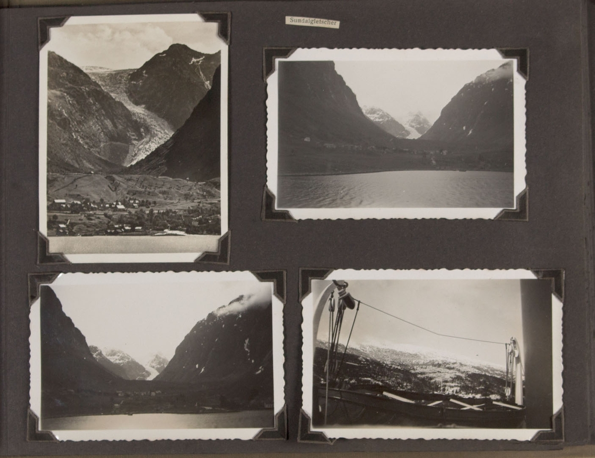 Albumside med fire foto tatt fra MONTE SARMIENTO. Motivene viser Sundalsbreen i Maurangerfjorden.
