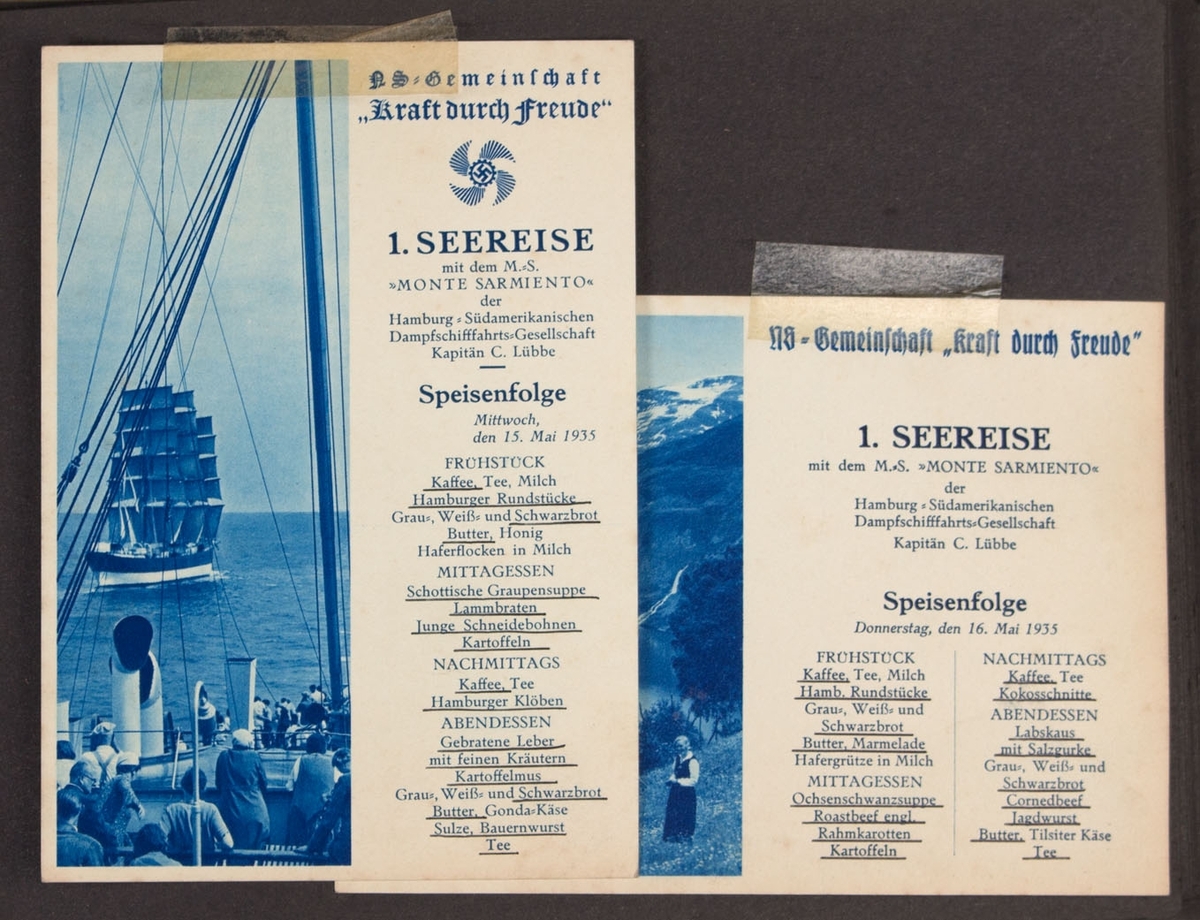 Albumside med toe menykort for MONTE SARMIENTOs tur til Norge, 15. og 16.mai 1935.