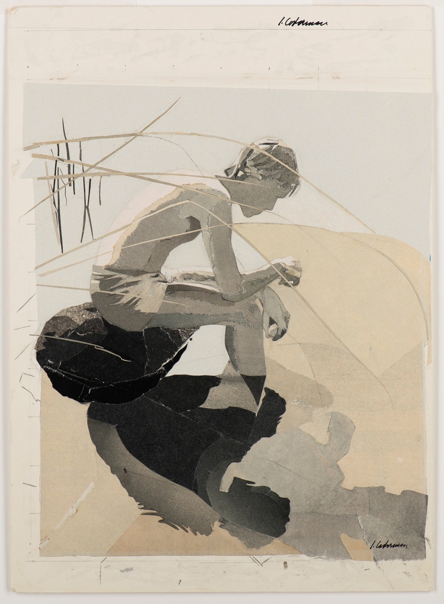 Akvarellmålning i stående format föreställande flicka sittande i shorts och bar överkropp på en sten i vattnet. Vasstrån i förgrunden.