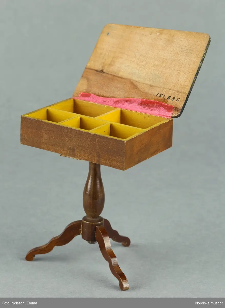 Inventering Sesam 1996-1999:
H 9,5 cm
Docksybord av mahogny, med uppfällbar skiva med inredning, svarvat ben på tregrenad fot.
Tillhör dockskåp 151.836.
Birgitta Martinius 1996