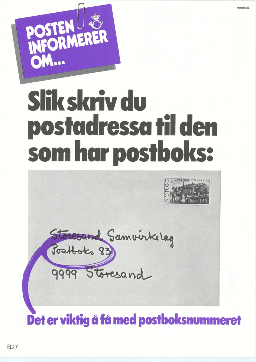 Tosidig plakt med likt motiv av brev med adresse. Tekst på bokmål og nynorsk på hver sin side.