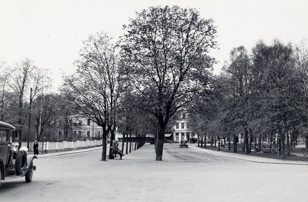 Järnvägsparken i Ljungby, ca 1930. Vy mot Storgatan.
