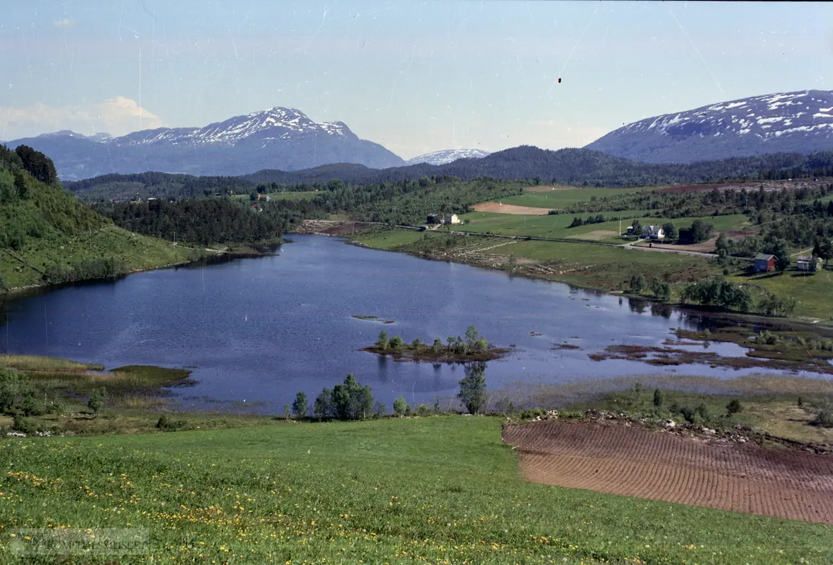 Langvatnet i Straumsnes, Tingvoll. .Garden Åsen ligg utafor bildekanten t.v. I bakgrunnen ser vi Blåfjellet i Halsa. Fjellet i høgre bildekant er Fløystadfjellet som er det høgste i gamle Straumsnes kommune.