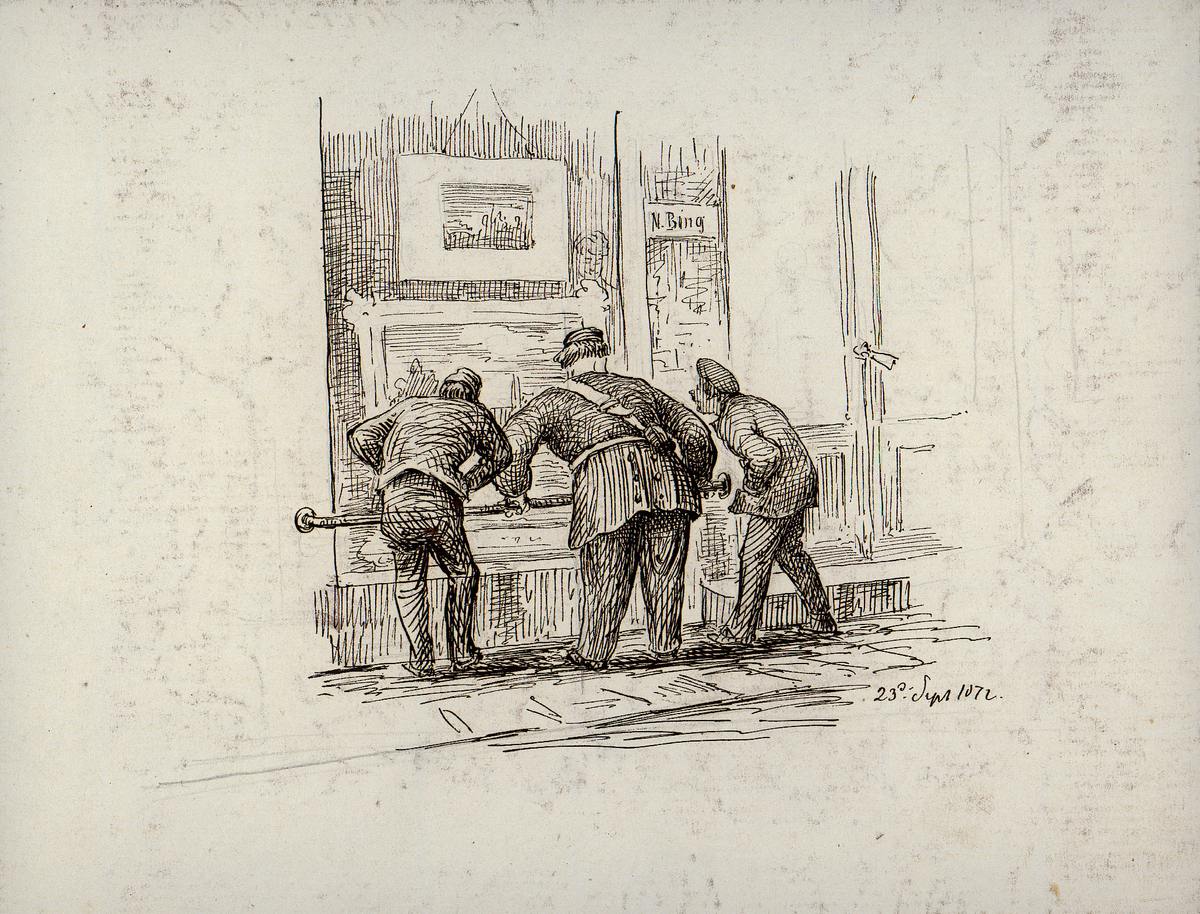 tre menn, kunsthandel, kunst, politimann, vindu