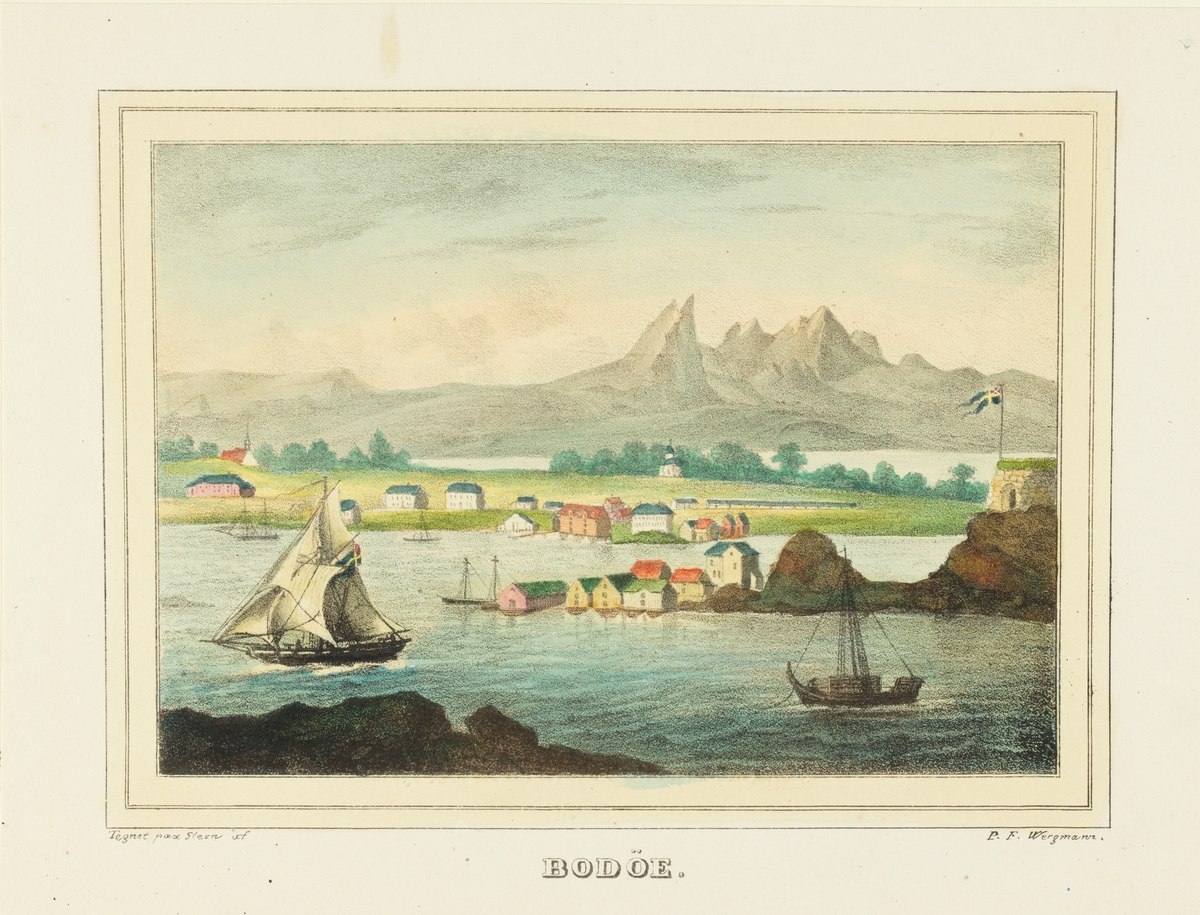 Landskap med bebyggelse i Bodø og seilskuter