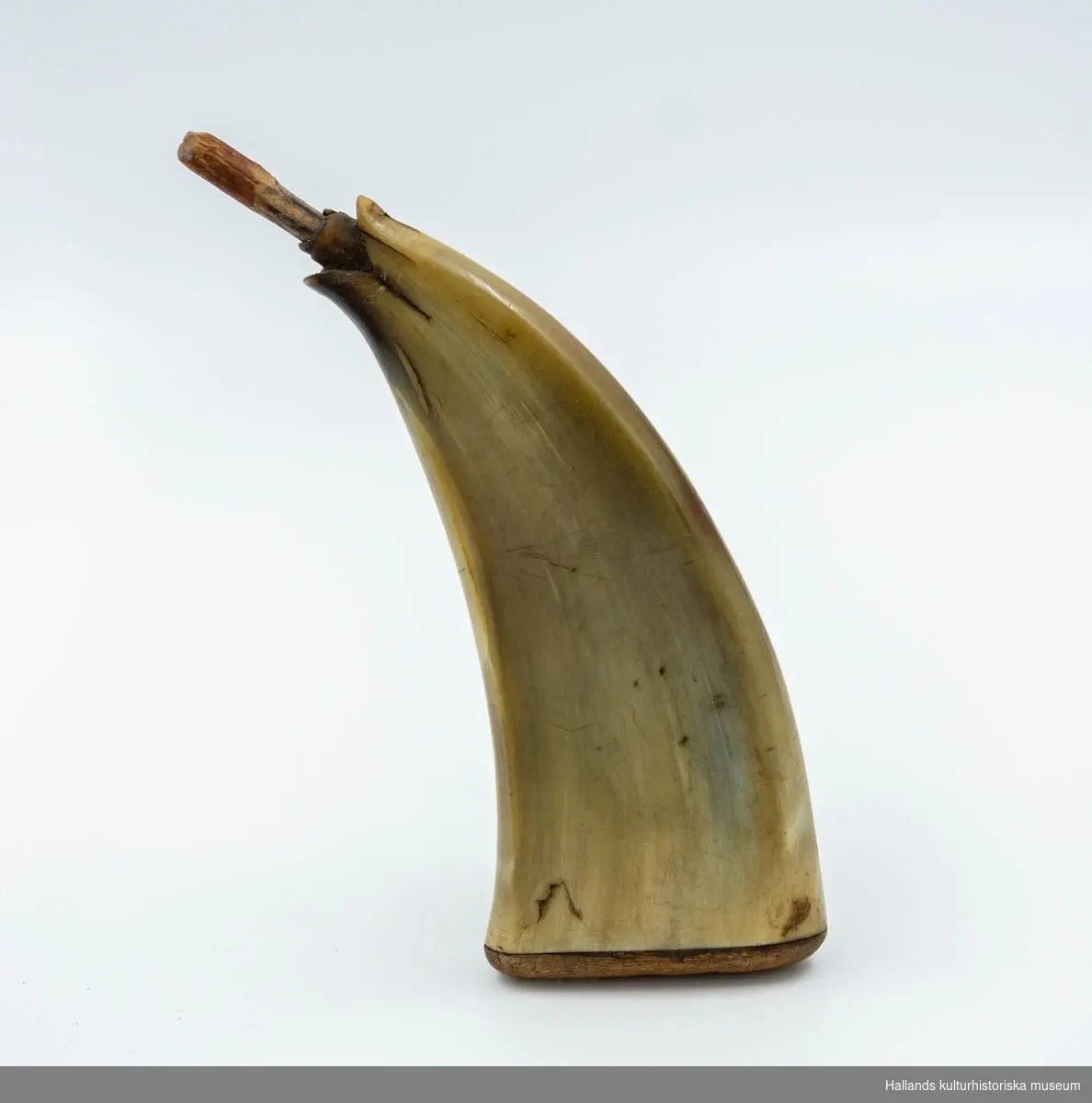 Kruthorn av horn. Mynningen är försedd med dekorativt skurna linjer som efterliknar en mun. Förseglad i botten med trä.