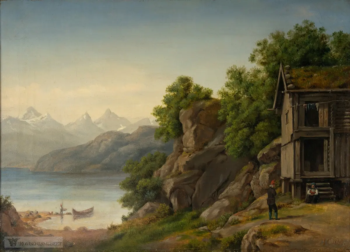 Landskapmaleri fra Veøya mot havet. Til høyre i maleriet står det et stabbur med torvtak. Det sitter en kvinne ved trappen med en mann stående ved siden av. I vannet flyter en trebåt og ved vannkanten står en person. I bakgrunnen ser man fjell og fjord.