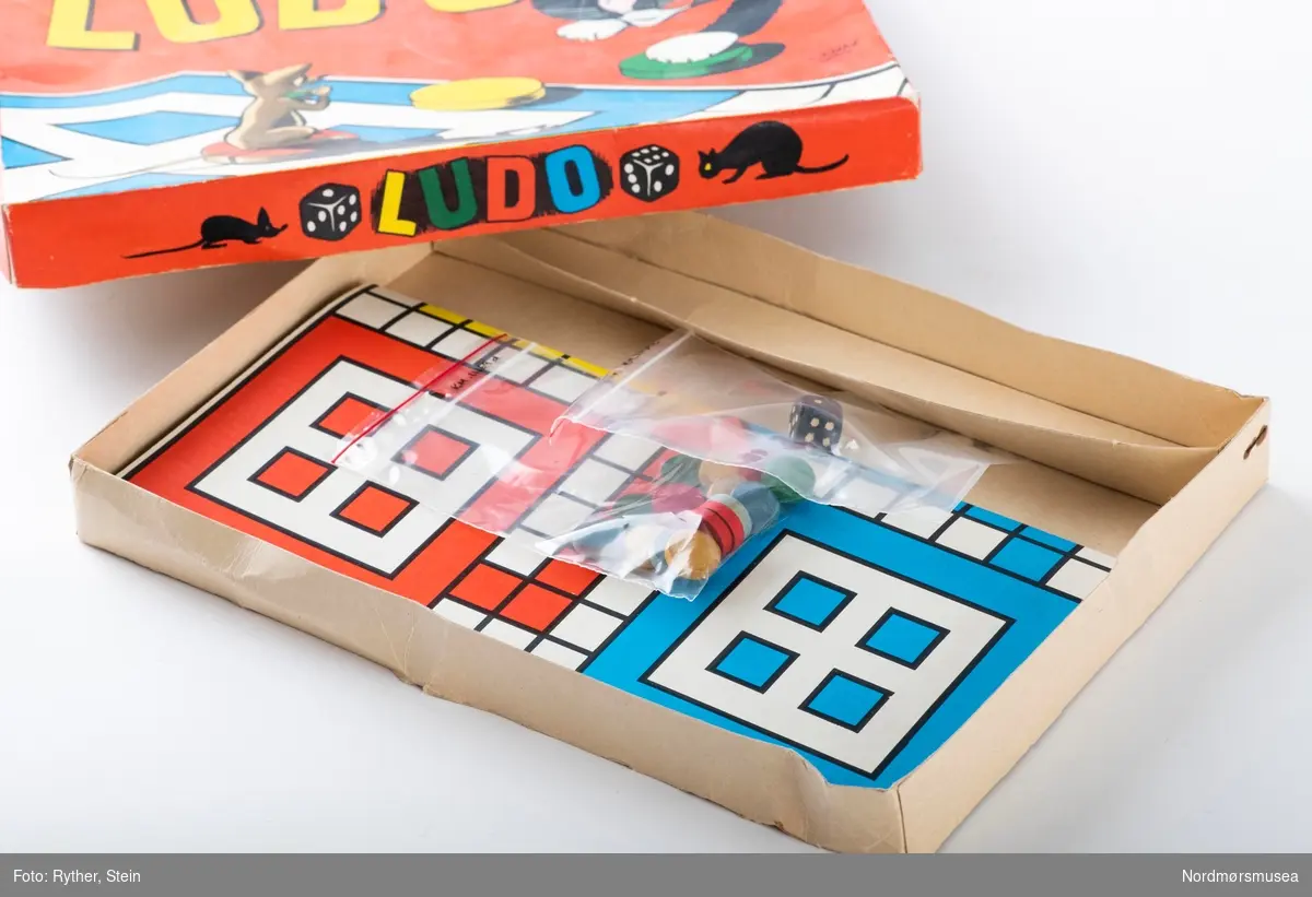 Brettspill for 4 personer med brikker i fire ulike farger og terninger.