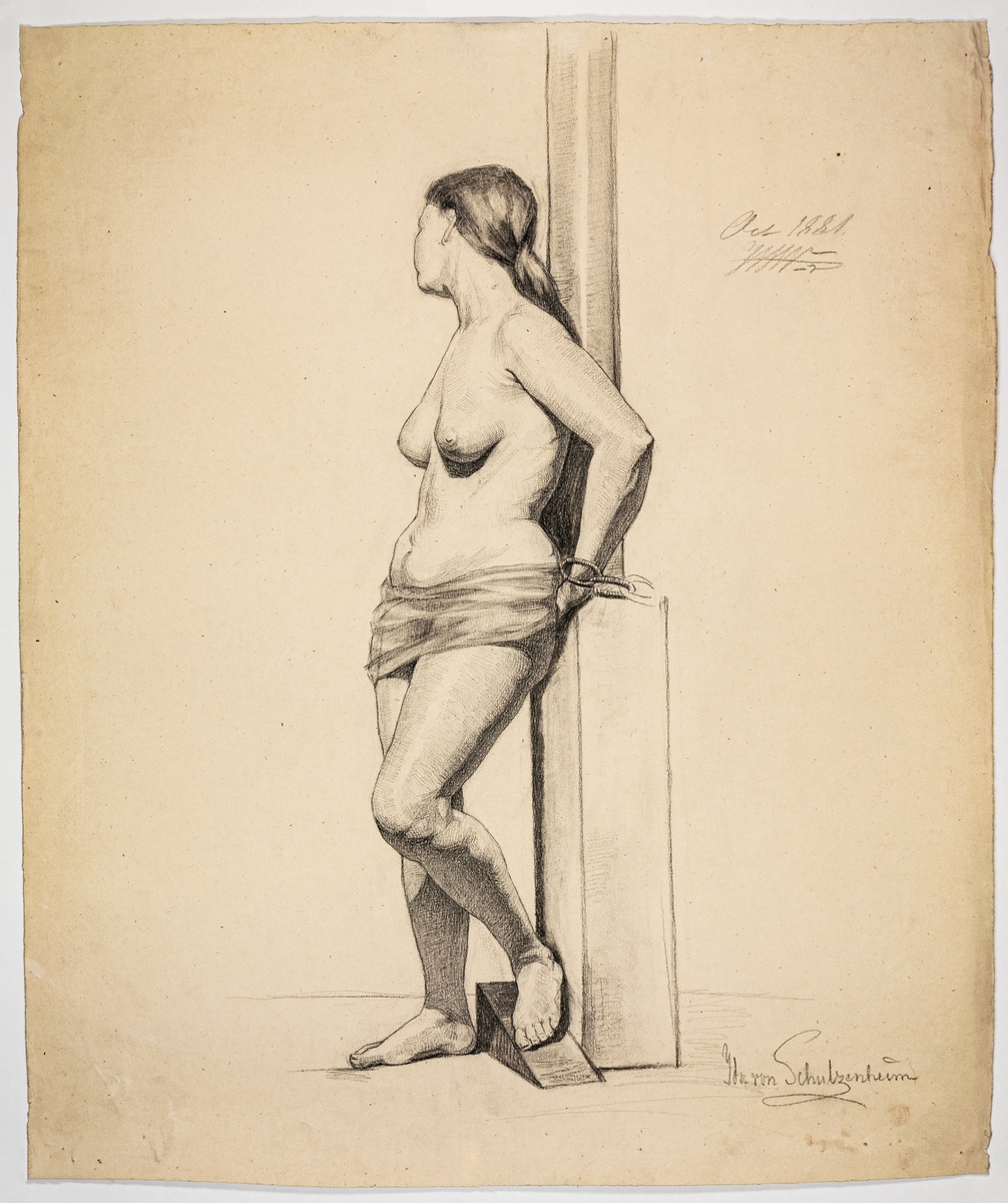 Modellstudie av naken kvinna, stående. Signerad Ida von Schulzenheim. 
Övrig påskrift: Oct 1881 WW
Påskrift baksida: Akademiritningar (modeller ritningar).